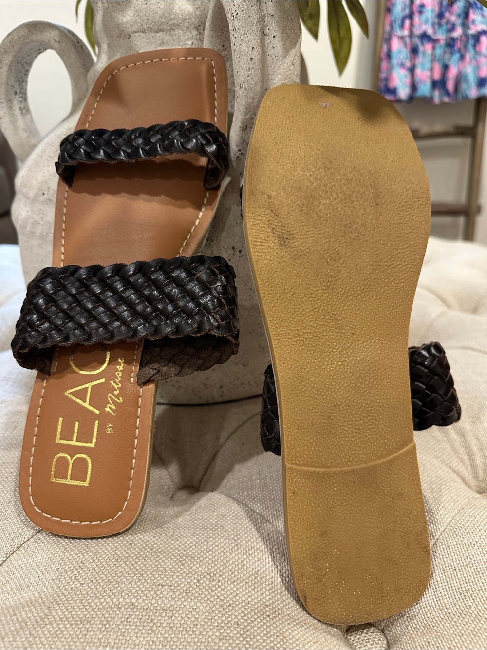 BEACH Braided Brown Double-Strap Slide Sandals for Women